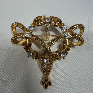 Vintage C.S.T. Rhinestone Gold Tone Brooch‎ Dangle Crystal Ribbon Art Nouveau